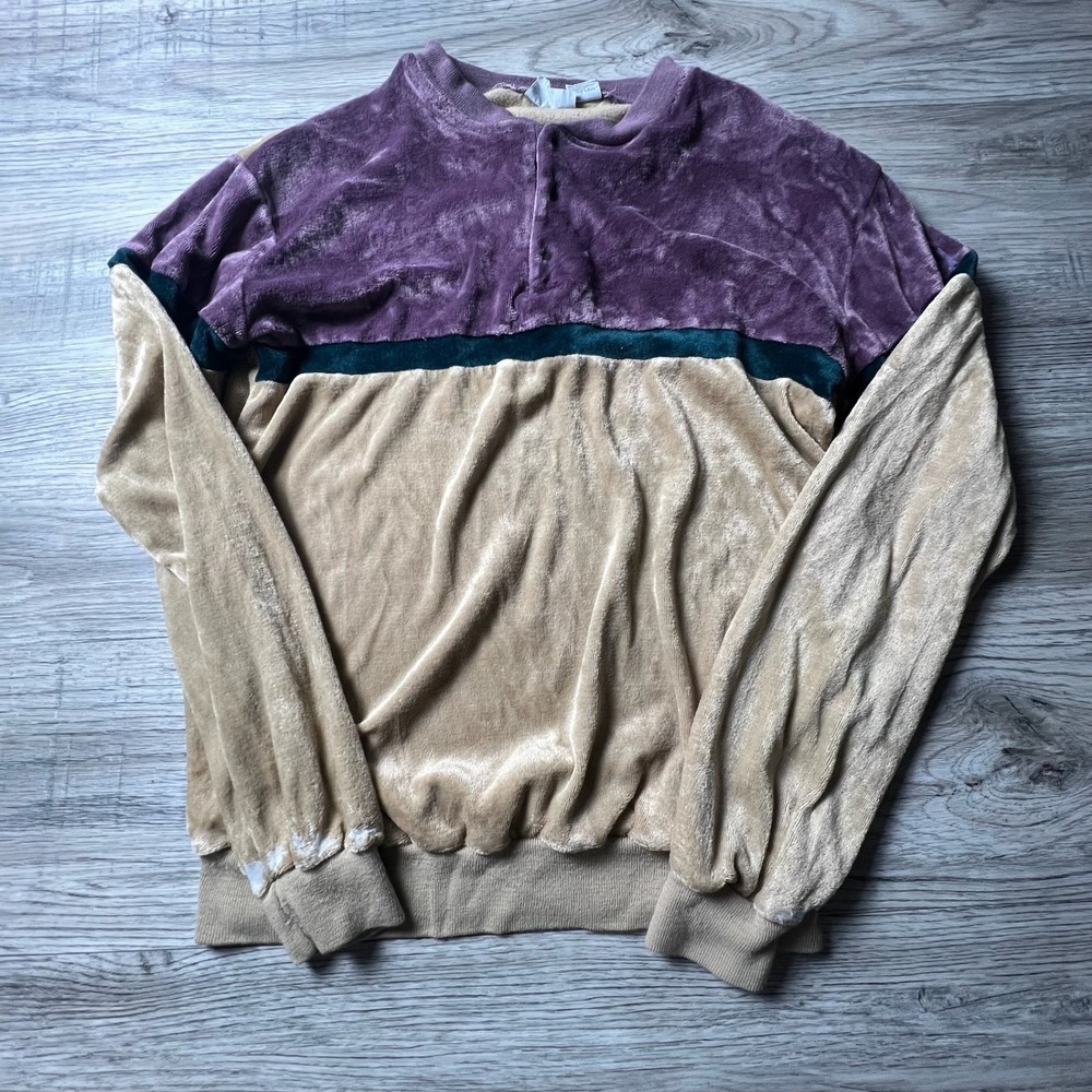 Landmark Pullover Mens XL Tan Purple Teal Colorblock Vintage Velour Henley Shirt